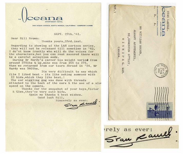 Stan Laurel Letter Signed With His Full Signature, ''Stan Laurel'' -- ''...Its very difficult to say which film I liked best - its like asking someone with I2 kids, which they like best!...''